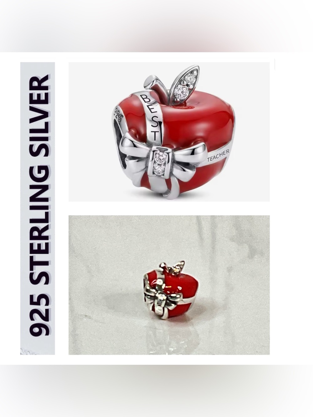 Best Teacher Red Apple Charm Bracelet Bead - Sterling Silver